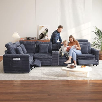 Oversized Modular Sectional Sofa with 2 Power Recliner, 5-Seater L-Shaped Corduroy Reclining Couch with Storage Console Charging Cup Holders, Fluffy Reclining Couches for Living Room,Grey