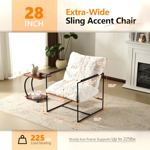 28" Wide Plush Upholstery Sling Modern Accent Chair with Metal Frame, Cute Reading Armchair with Removable Seat Cushion & Tan Microfiber Seat Base, Lazy Chair for Bedroom & Lounge, White