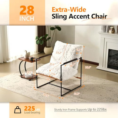 28" Wide Plush Upholstery Sling Modern Accent Chair with Metal Frame, Cute Reading Armchair with Removable Seat Cushion & Tan Microfiber Seat Base, Lazy Chair for Bedroom & Lounge, White