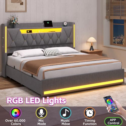 King Size Bed Frame with 4 Drawers, Storage Headboard and LED Lights, view 6