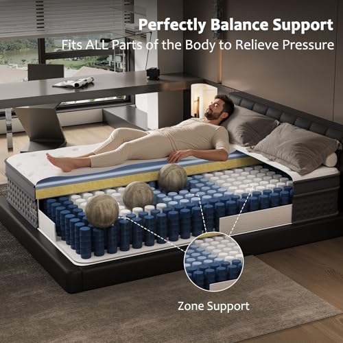 Queen Size Mattress, 12 Inch Queen Mattress in a Box, Cooling Matress with Memory Foam & Individual Pocket Springs for Pressure Relief & Spinal Alignment, Zoned Back Support & Motion Isolation
