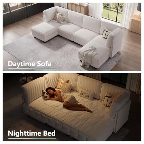 Modular Sectional Sofa with Adjustable Backrest, Convertible L/U-Shaped Sleeper Couch for Living Room, Cloud Sofa Bed Modern Reversible Design, Beige