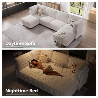 Modular Sectional Sofa with Adjustable Backrest, Convertible L/U-Shaped Sleeper Couch for Living Room, Cloud Sofa Bed Modern Reversible Design, Beige