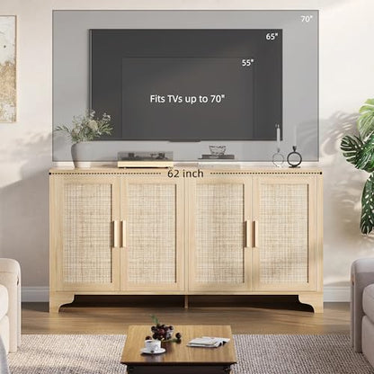 Natural Rattan Storage Cabinet with Shelves, 4-Door Sideboard Buffet Cabinet, view 5