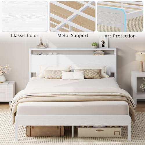 Queen Bed Frame with 2-Tier Storage Shelf Headboard, view 7