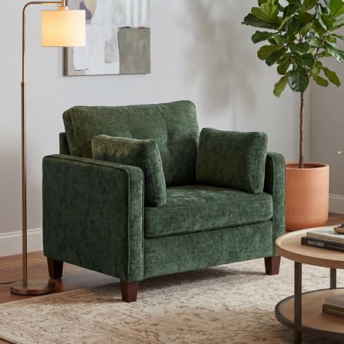 Luxury Oversized Accent Chair, 40.9" Upholstered Comfy Piping Single Armchairs with Comfy Tufted Backrest, Wood Legs, 2 Pillows for Living Room, Bedroom, Chenille, Green