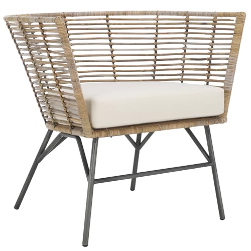 SAFAVIEH Home Collection Camira Tropical White/Natural Rattan Dining Chair with Cushion (Fully Assembled)