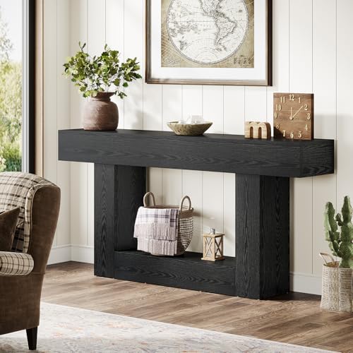 Tribesigns 63" Console Table, Farmhouse 2-Tier Entryway Table with U-Shaped Base, Narrow Long Wood Sofa Table Behind Couch Table for Living Room, Hallway, Foyer, Black