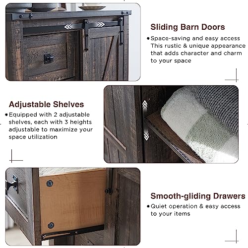 5 Drawers Dresser for Bedroom w/Sliding Barn Door, Farmhouse Modern Tall Dresser 5 Chest of Drawers, Storage Organizer for Bedroom, Hallway, Living Room, Kids Room, Dark Rustic Oak