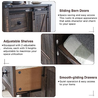 5 Drawers Dresser for Bedroom w/Sliding Barn Door, Farmhouse Modern Tall Dresser 5 Chest of Drawers, Storage Organizer for Bedroom, Hallway, Living Room, Kids Room, Dark Rustic Oak