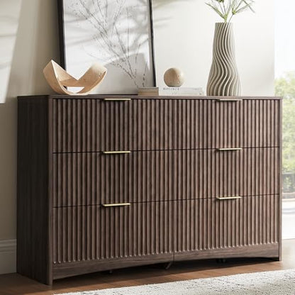 Amada Modern 6 Drawer Dresser, Fluted Wood Chest of Drawers, Walnut, view 2