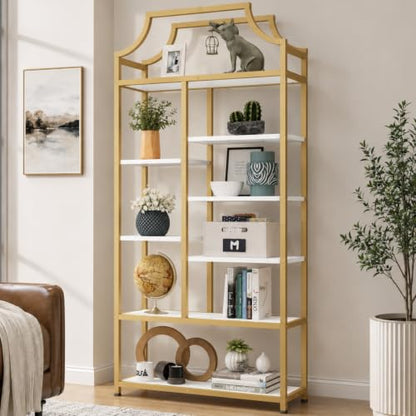 Lux Etagere 8-Tier Open Shelf Bookcase – 70.87" H x 31.5" L, Modern Metal Frame with Gold Finish & White Shelves, Tall Storage Display for Bedroom, Home Office & Living Room (Gold)