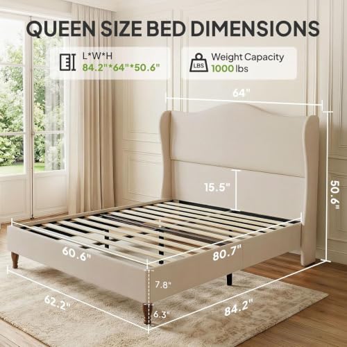 Queen Size Bed Frame 51" Tall Wingback Headboard, view 3