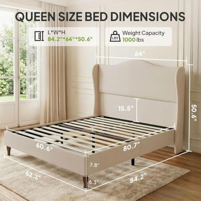 Queen Size Bed Frame 51" Tall Wingback Headboard, view 3
