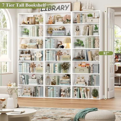 82" Tall Bookshelf, 7-Tier Open Shelves Bookcase, Freestanding Display Storage Shelves, Tall Bookcase Home Decor Furniture for Home Office, Living Room, Bedroom, White