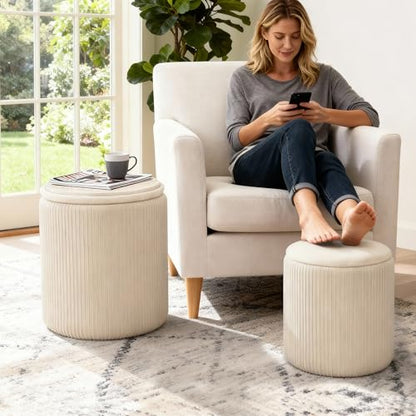 Set of 2 Round Ottoman with Storage, Upholstered Vanity Stool Support 330lbs Multifunctional Coffee Table Ottoman Velvet Foot Rest Stool or Living Room Bedroom Dorm (Beige)