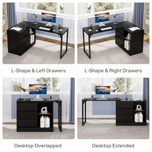 Tribesigns L-Shaped Computer Desk with Drawers and Shelves, Reversible Corner Office Desk with Storage Cabinet, Modern Study Writing Table for Home Office, Bedroom (Black)