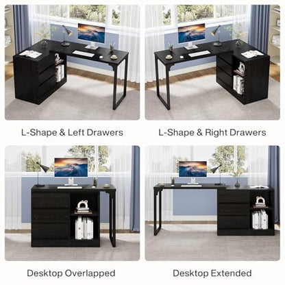 Tribesigns L-Shaped Computer Desk with Drawers and Shelves, Reversible Corner Office Desk with Storage Cabinet, Modern Study Writing Table for Home Office, Bedroom (Black)