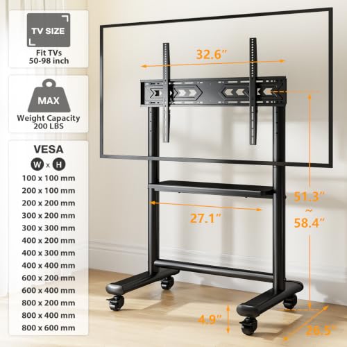 Heavy Duty Rolling TV Stand for 50-98 Inch TVs Holds up to 200 Lbs, view 4