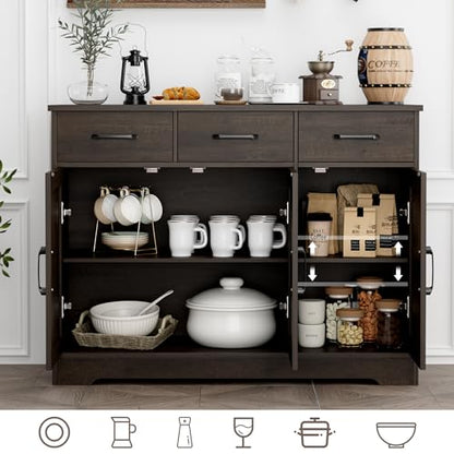 Modern Farmhouse Buffet Sideboard Cabinet, Barn Doors Storage Cabinet with Drawers and Shelves, Wood Coffee Bar with Storage for Dining Room, Kitchen, Living Room, Dark Brown