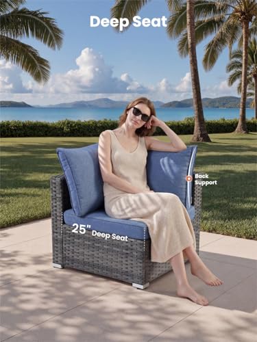 11 Piece Outdoor Patio Furniture Set with Fire Pit Table,Conversation Sectional Wicker Couch with Swivel Chairs,Modern Outside Sofa for Balcony Backyard, Blue