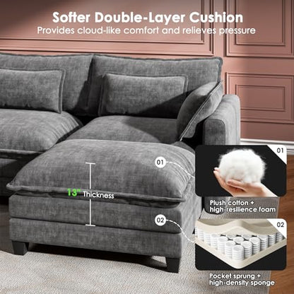 Modular Sectional Sofa 110.6" U-Shaped Modern Comfy Cloud Couch, 5-Seat Chenille Deep Seat Sofa with Throw Pillow & Movable Ottoman for Living Room, Bedroom and Apartment, Slate Gray
