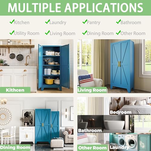 Home Farmhouse Storage Cabinet with Barn Door, Tall Kitchen Pantry Cupboard with Adjustable Shelves, for Dining Room, Bathroom, Living Room Blue.