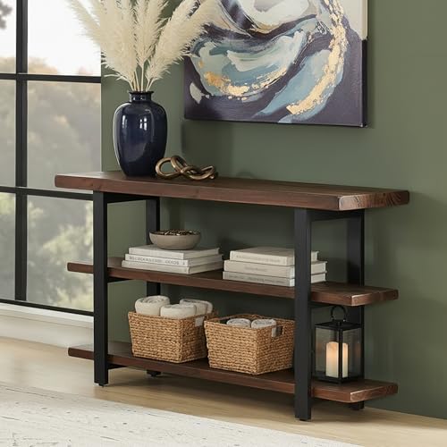 Pomona 3-Tier Solid Wood Media Console Table with 2 Open Shelves and Metal Legs - Rustic Industrial Farmhouse TV Stand and Storage Console (Rustic Brown)
