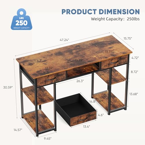 48-Inch Computer Desk with Drawers and Hook, Brown, view 4