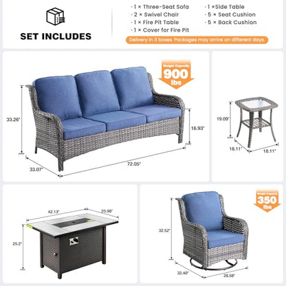 5-Piece Patio Furniture Set with Swivel Chairs Side Table, Outdoor Wicker Sofa with 42" Fire Pit Table, High Back Couch Modern Conversation Sets, Grey/Denim Blue