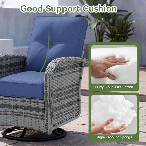 13 PCS Patio Furniture Set with 44'' Fire Pit Table, Outdoor Sectional All-Weather Wicker Conversation Set with Swivel Rocker Chairs, 4'' Thick Cushions for Backyard Poolside(Navy/Grey)