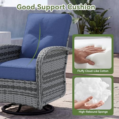 13 PCS Patio Furniture Set with 44'' Fire Pit Table, Outdoor Sectional All-Weather Wicker Conversation Set with Swivel Rocker Chairs, 4'' Thick Cushions for Backyard Poolside(Navy/Grey)