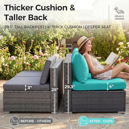 7 Piece Large Modern Patio Furniture Set with Propane/Gas Firepit Table, 29.3'' High Back Comfy Wicker Sectional Sofa Couches with Fire Pit, Outdoor Deep Conversation, Fade-Proof, Turquoise