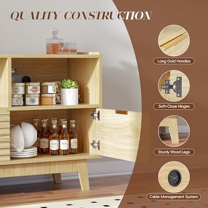 Fluted Buffet Sideboard Oak, Modern Storage Cabinet w/Cord Cutout, view 6