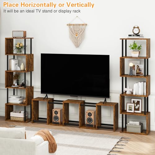 6-Tier Tall Bookshelf,S-Shaped Geometric Bookcase,Brown WBC016H | Wood Display Shelves with Storage Industrial Decorative Storage Shelving for Living Room Bedroom Home Office