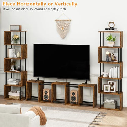 6-Tier Tall Bookshelf,S-Shaped Geometric Bookcase,Brown WBC016H | Wood Display Shelves with Storage Industrial Decorative Storage Shelving for Living Room Bedroom Home Office