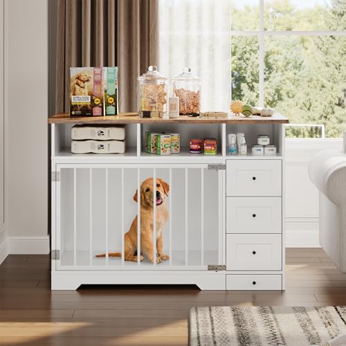 48 Inch Dog Crate Furniture with Bowl & Drawers, view 3