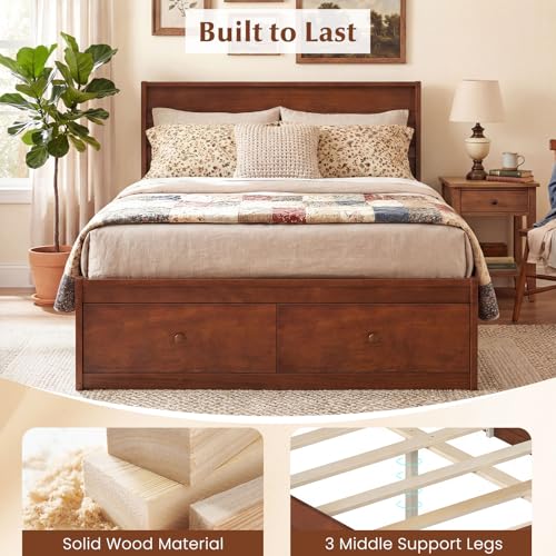 Full Size Bed Frame with Storage Drawers, Wood Platform Bed with Headboard, view 8