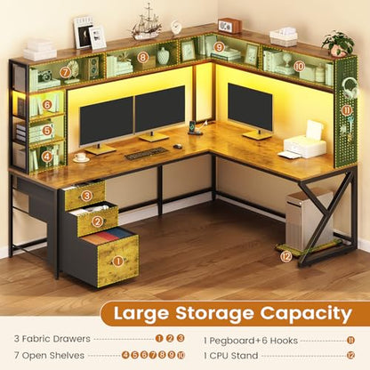 L Shaped Desk with Hutch and 3 Drawers, Convertible 94.5" Computer Desk with File Drawer, L Shaped Office Desk with Power Outlet, LED Lights, Storage and Pegboard for Home Office, Brown