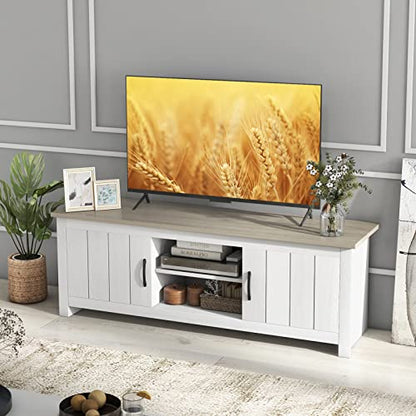 2 Doors TV Stand for TVs up to 65”, 57” Media Console Table w/ 2 Cabinets & Open Shelves, 2 Cable Management Holes. Wood Entertainment Center Cabinet for Living Room (White Oak)