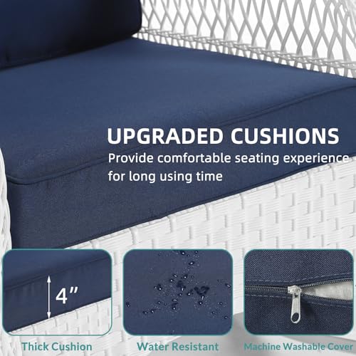 3 Pieces Patio Conversation Set, Rattan Outdoor Rocking Patio Bistro Set with 2 Rockers and 1 Side Table with 4" Thick Cushions, Outdoor Furniture Set for Porch Backyard, White Wicker/Navy