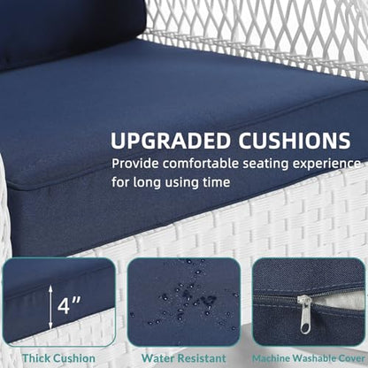 3 Pieces Patio Conversation Set, Rattan Outdoor Rocking Patio Bistro Set with 2 Rockers and 1 Side Table with 4" Thick Cushions, Outdoor Furniture Set for Porch Backyard, White Wicker/Navy