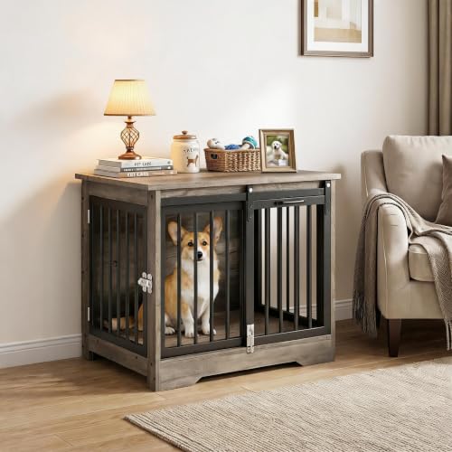 Dog Crate Furniture with Barn Door, Heavy Duty Kennel End Table, Gray Black, view 2