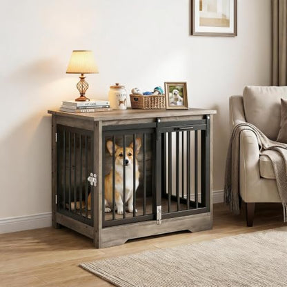 Dog Crate Furniture with Barn Door, Heavy Duty Kennel End Table, Gray Black, view 2