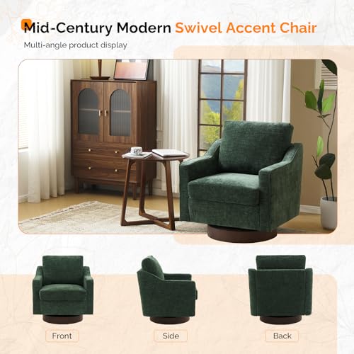 Mid-Century Modern Swivel Accent Chair, 360°Upholstered Armchair, Home Sofa with Track Arms for Living Room, Bedroom, Reading Room, Club Swivel Chair,Chenille Green