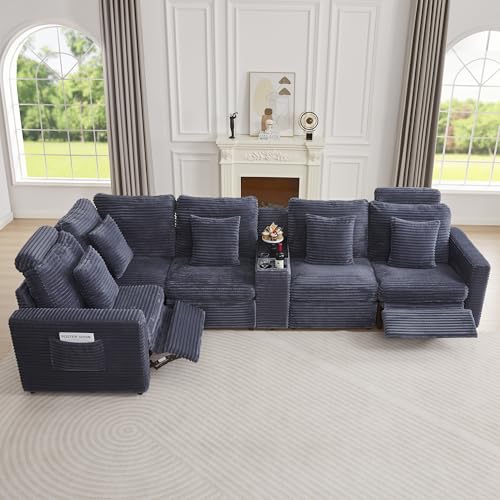 Oversized Modular Sectional Sofa with 2 Power Recliner, 5-Seater L-Shaped Corduroy Reclining Couch with Storage Console Charging Cup Holders, Fluffy Reclining Couches for Living Room,Grey