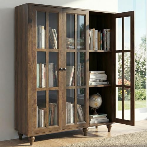 51" Farmhouse Glass-Door Bookshelf with Adjustable Shelves — 3-Tier Display, view 2
