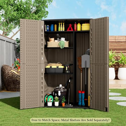Large 67 Cu.ft Waterproof Storage Shed, Outdoor Storage Cabinet，Durable Resin Sheds for Patio Furniture, Garden Tools, Pool Accessories, Mower Storage (Coffee)