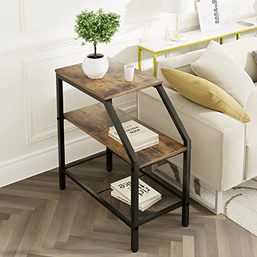 End Table 3 Tiers Shelf Rustic Brown Wood Industrial Accent Decorative Sofa Side Table Modern Trapezoid Accent Furniture Living Room Bed Room for Small Place