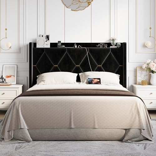 Queen Size Bed Frame with Storage Shelf & Charging Station, Black, view 4